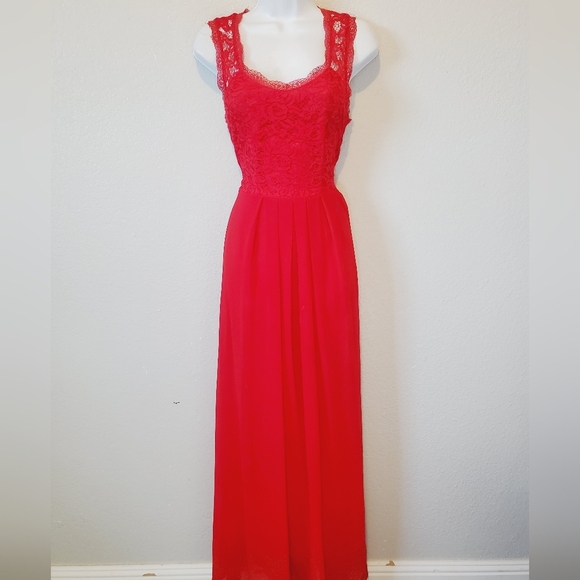 ANGVNS Red Lace Back Ciffon Long Gown Maxi Dress Medium - Picture 1 of 7